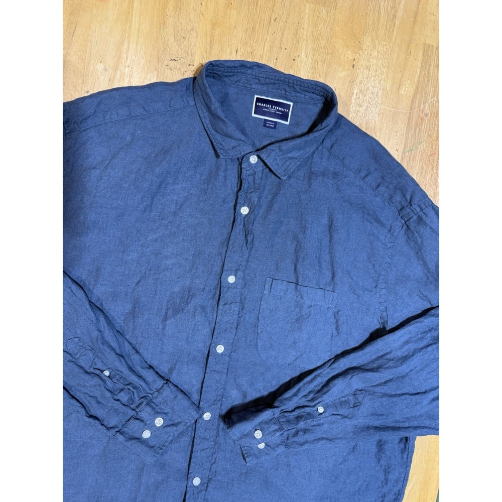 Charles Tyrwhitt Linen Shirt Mens 3XL Blue Classic Fit Long Sleeve Button Up